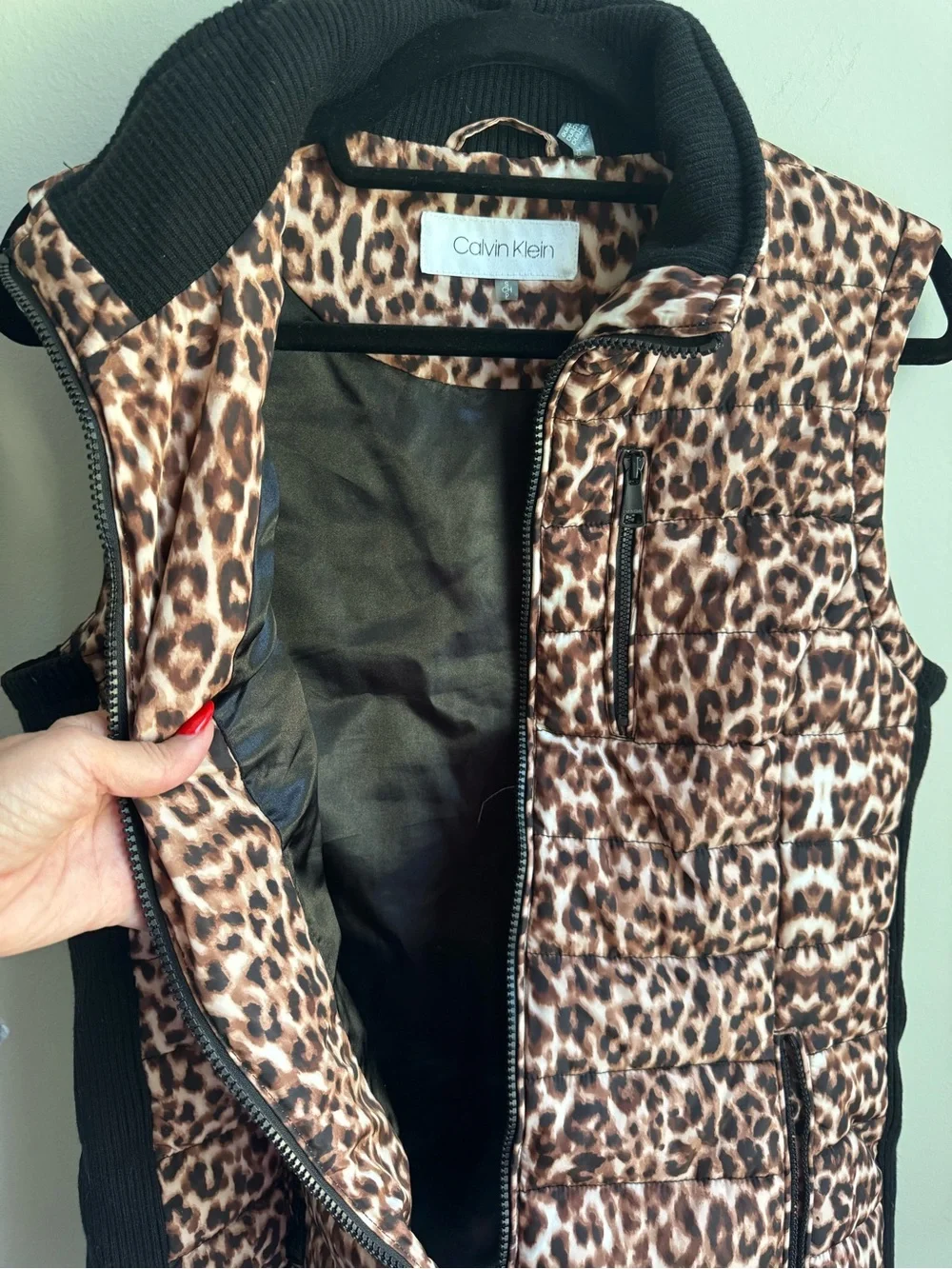 Calvin Klein Leopard Quilted Vest in Brown and Black
